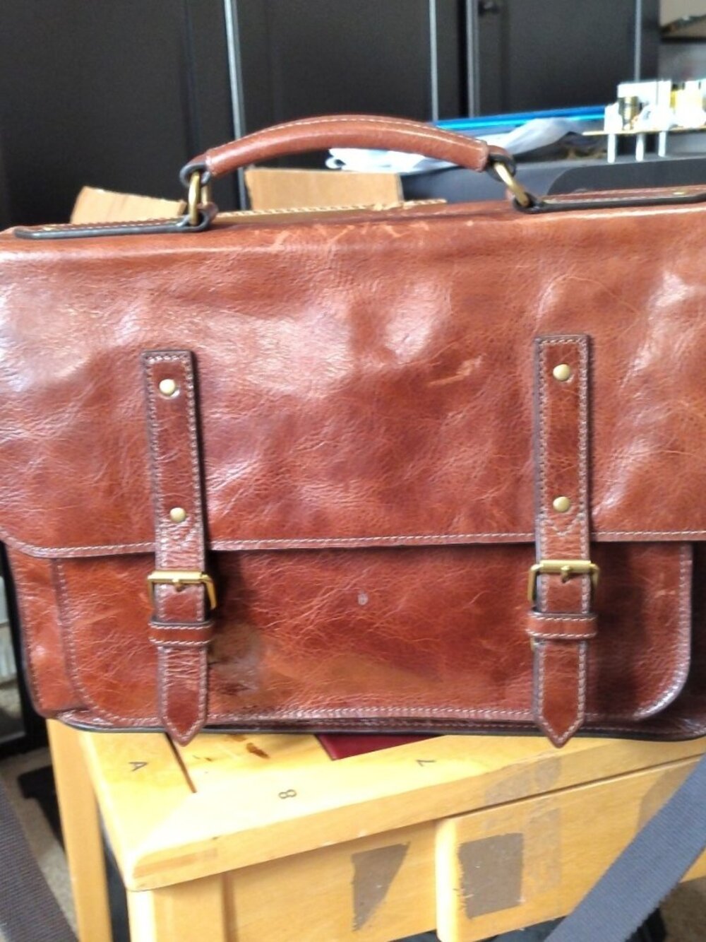 Fossil Men's Brown Leather Messenger Briefcase Bag Crossbody Laptop